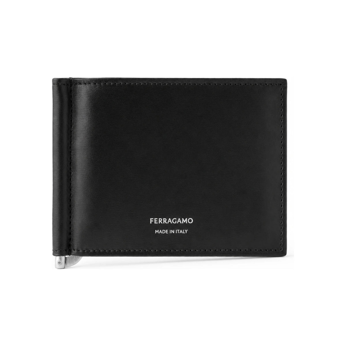 Ferragamo Silver Embossed Logo Money Clip Black Leather Wallet