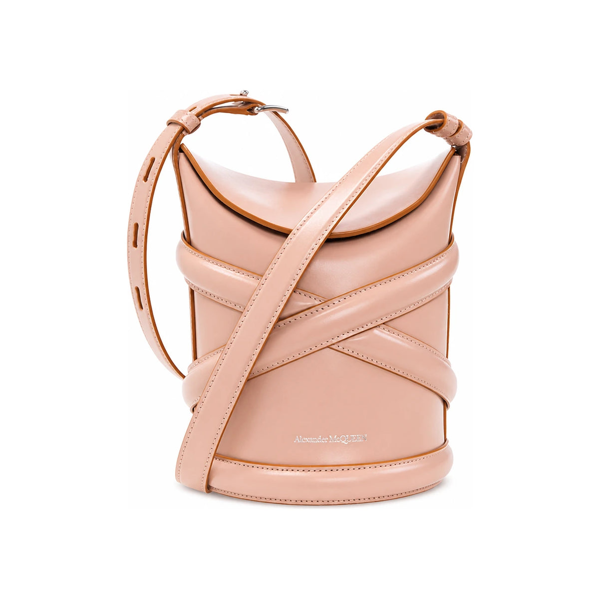 Alexander Mcqueen Rose Gold Logo Curve Bucket Crossbody Bag