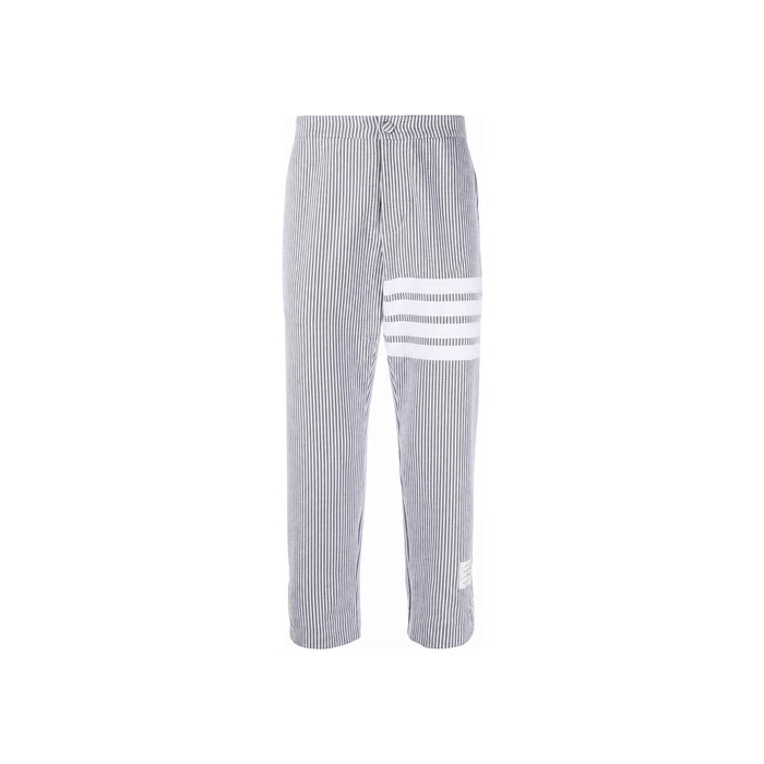 THOM BROWNE Light Gray 4-Bar Seersucker Loopback Cotton Classic Pants