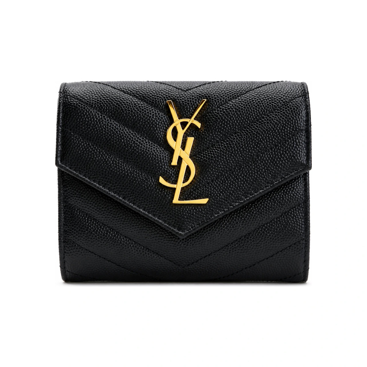 Saint Laurent Black Tri-Fold Leather Monogram Wallet with Gold Hardware