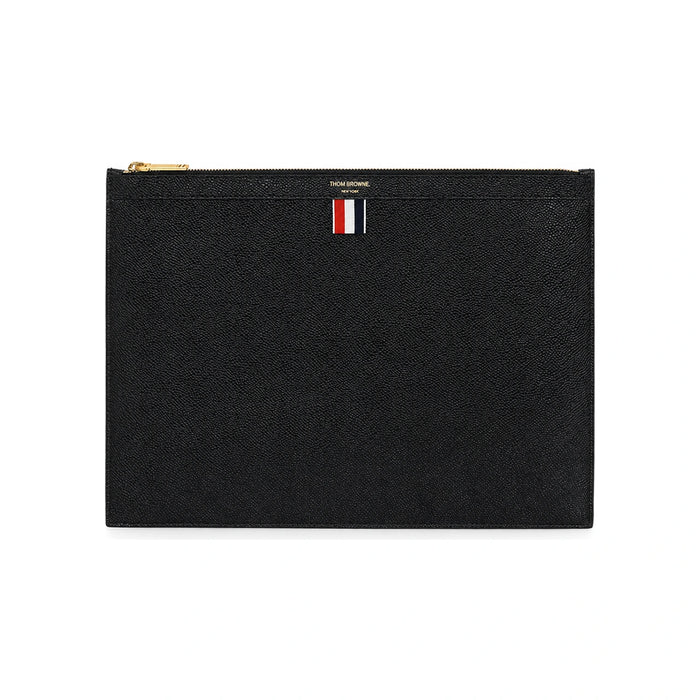 THOM BROWNE Pebble Leather Tricolor Stripe Clutch Bag Black