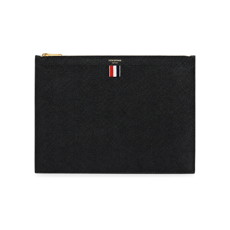 THOM BROWNE Pebble Leather Tricolor Stripe Clutch Bag Black