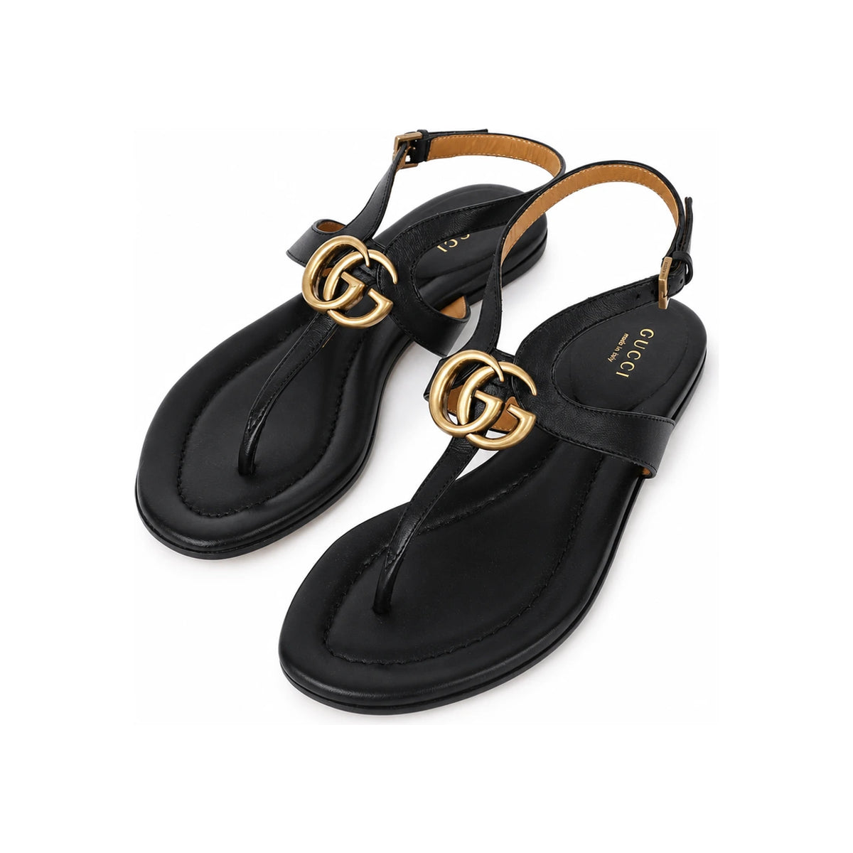 GUCCI Double G T-Strap Sandals Women’s Black Leather Sandals