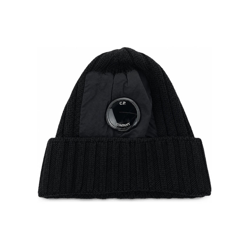 CP Company Ribbed Wool Beanie with Lens Patch Black