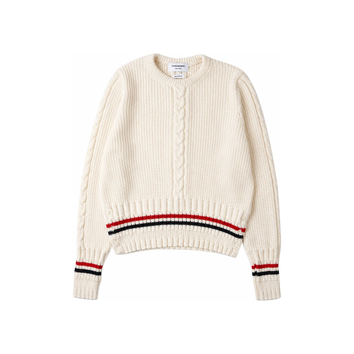 THOM BROWNE Men’s Cable Stitch Wool Crewneck Sweater White