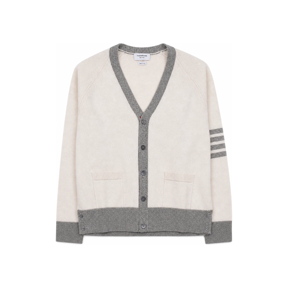 THOM BROWNE Diagonal Armband V-Neck Wool Cardigan White Men