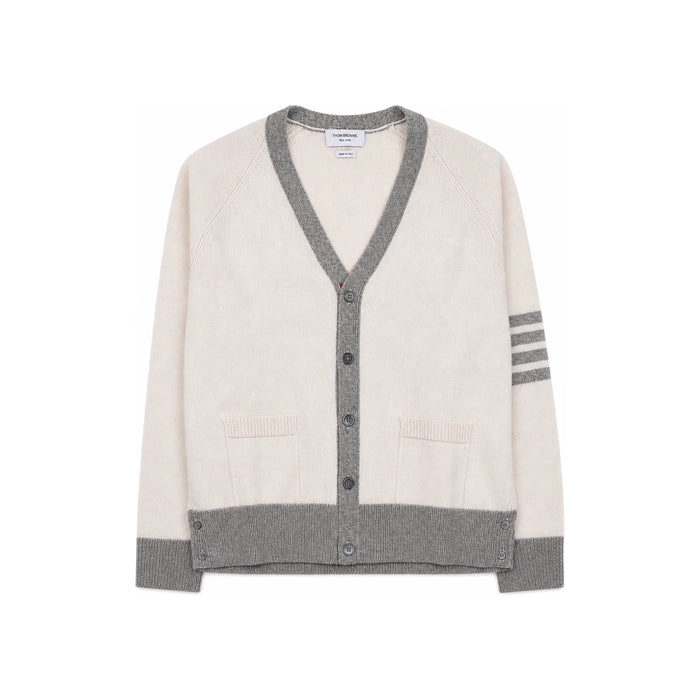 THOM BROWNE Diagonal Armband V-Neck Wool Cardigan White Men