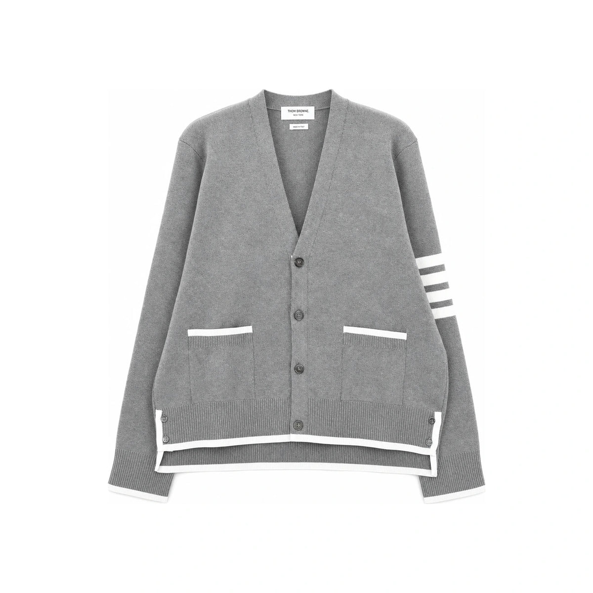 THOM BROWNE Grey 4-Bar Stitch Point Cardigan MKC460A Y3006 055