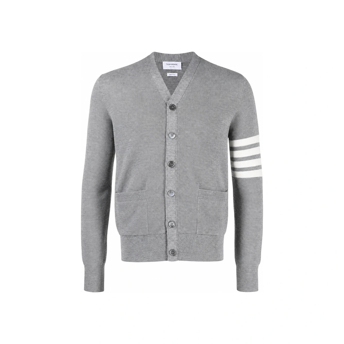 THOM BROWNE Men’s 4-Bar Fine Merino Waffle High V-Neck Cardigan