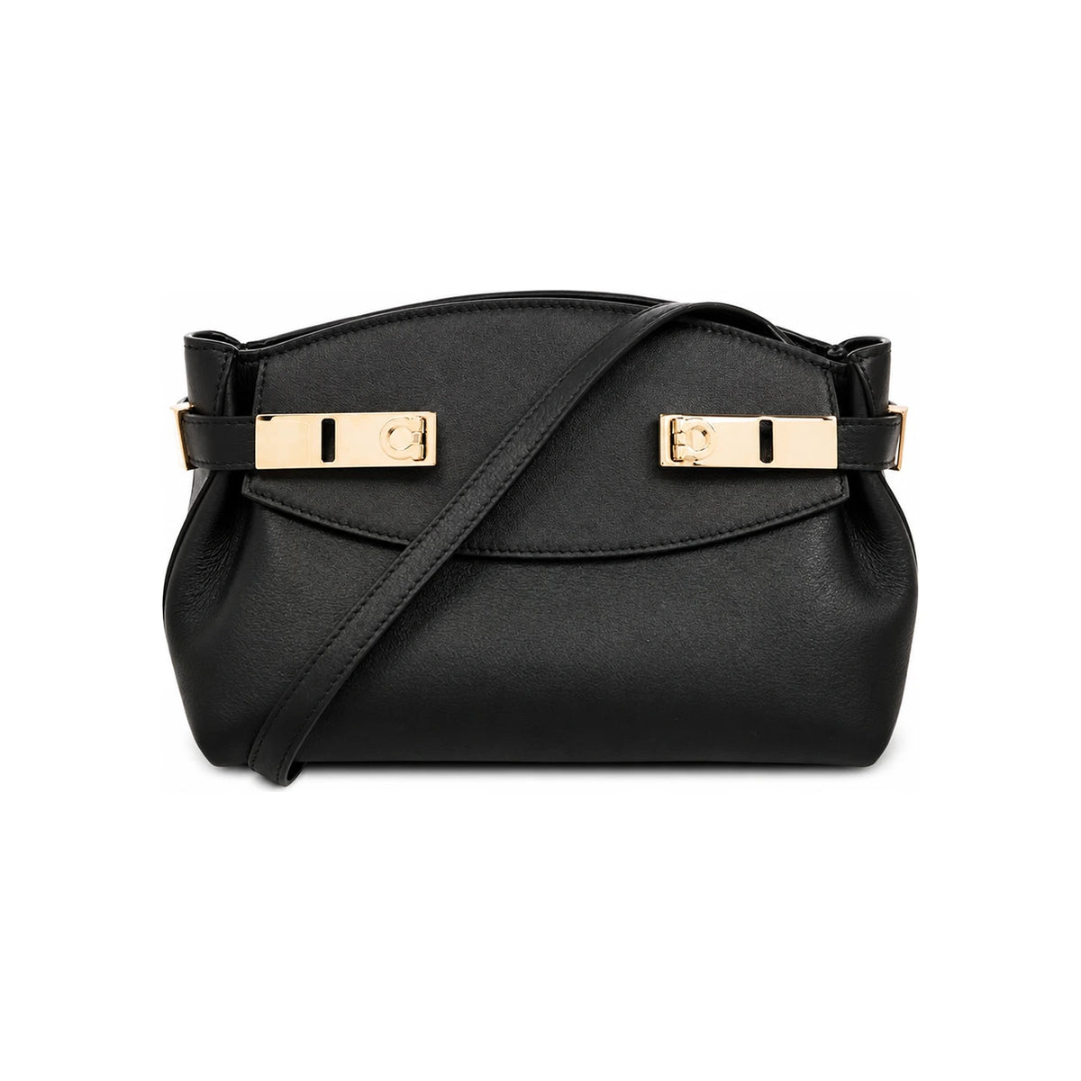 Ferragamo Black Soft Leather Hug Clutch Crossbody Bag Gold Logo