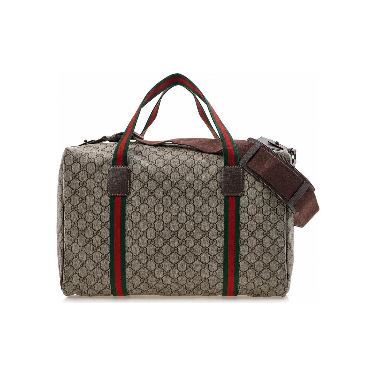 GUCCI Medium Duffel Bag with Web Detail Crossbody Canvas Beige Brown