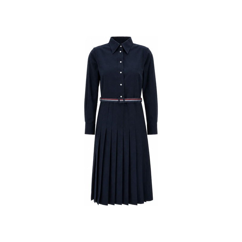 THOM BROWNE Navy Midi Pleated Belted Dress