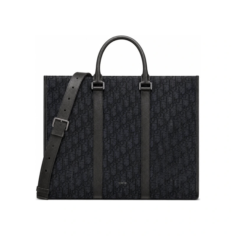 DIOR Black Oblique Jacquard and Grained Calfskin East-West Tote Bag