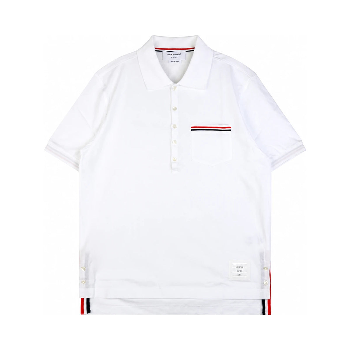 THOM BROWNE Tricolor Stripe Pocket Piqué Polo Shirt White Men’s