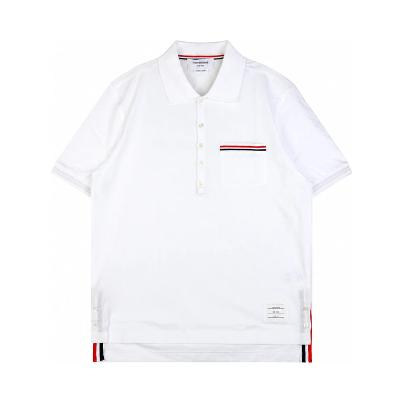 THOM BROWNE Tricolor Stripe Pocket Piqué Polo Shirt White Men’s