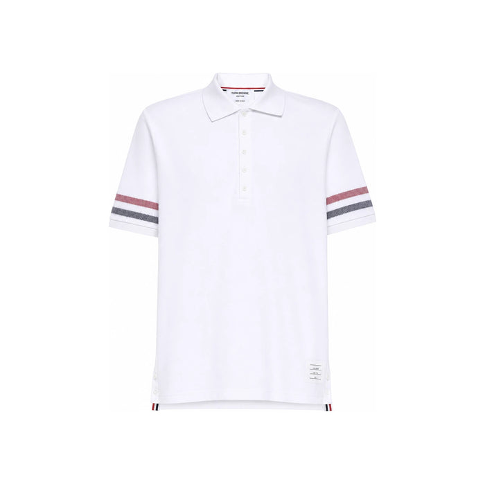 THOM BROWNE RWB Trim Textured Cotton Short Sleeve Polo White
