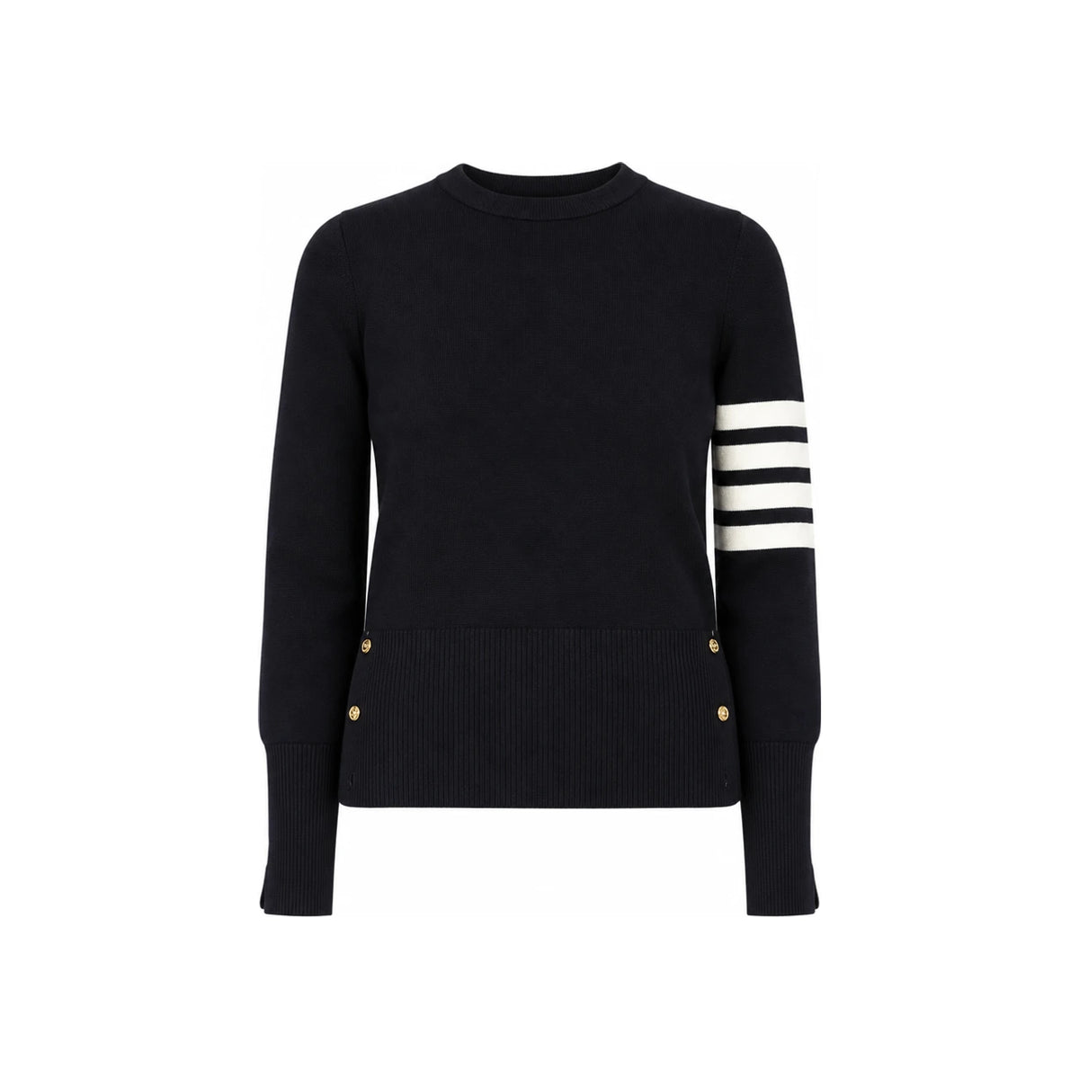 THOM BROWNE Navy 4-Bar Crepe Milano Stitch Cotton Crewneck Sweater