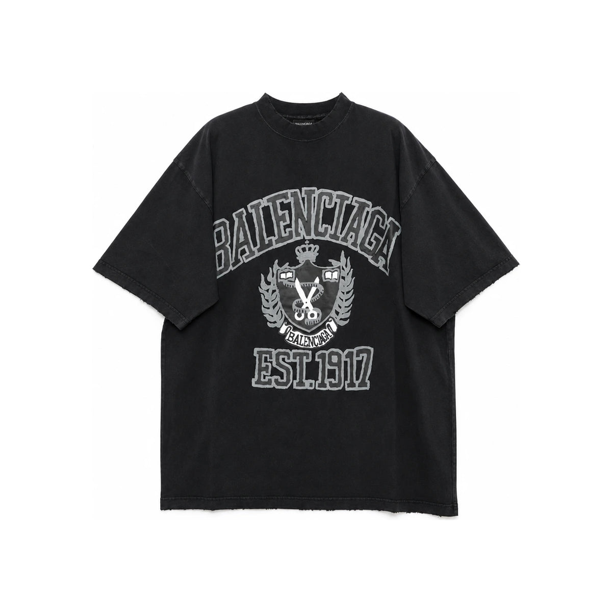 BALENCIAGA College Logo Washed Black Short Sleeve T-Shirt