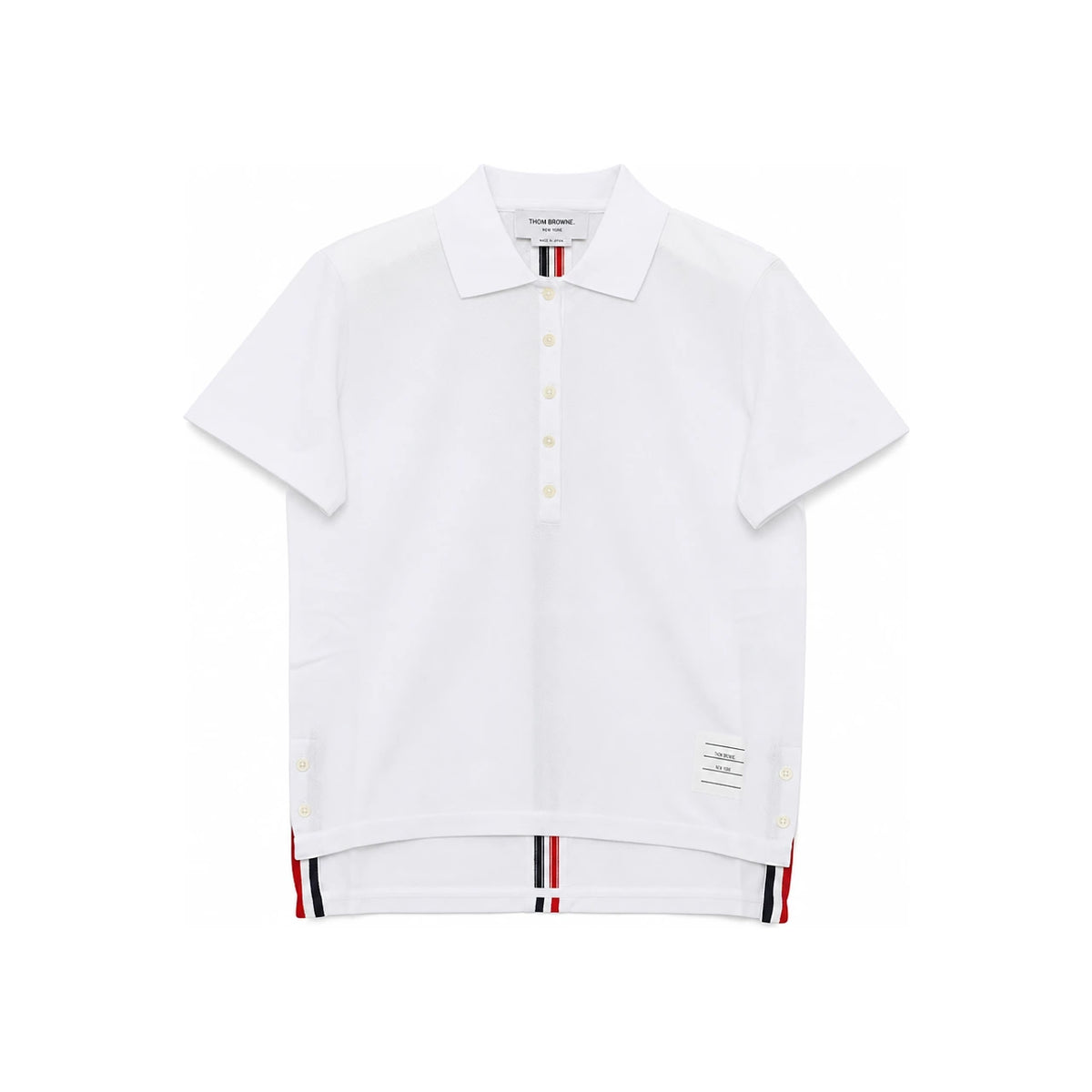 THOM BROWNE Women’s White Piqué Polo Shirt with Tricolor Stripe