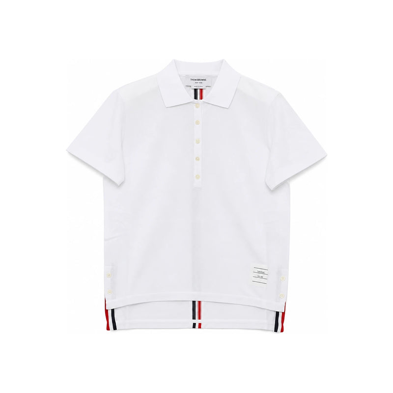 THOM BROWNE Women’s White Piqué Polo Shirt with Tricolor Stripe