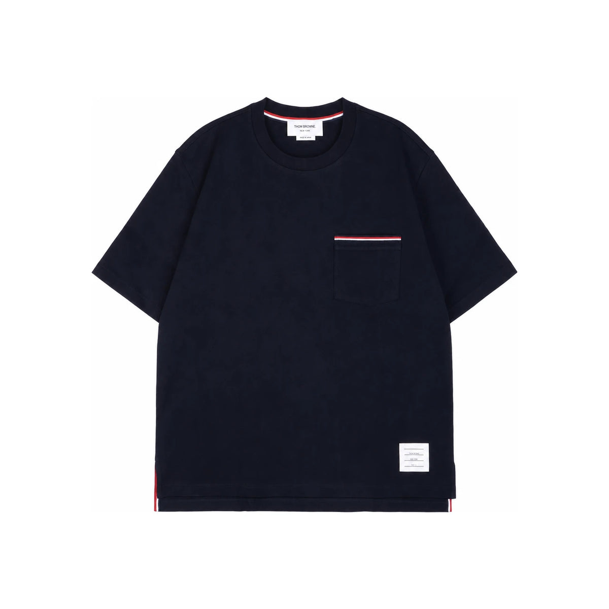 THOM BROWNE Oversized Milano Cotton Pocket T-Shirt Navy Tricolor Trim
