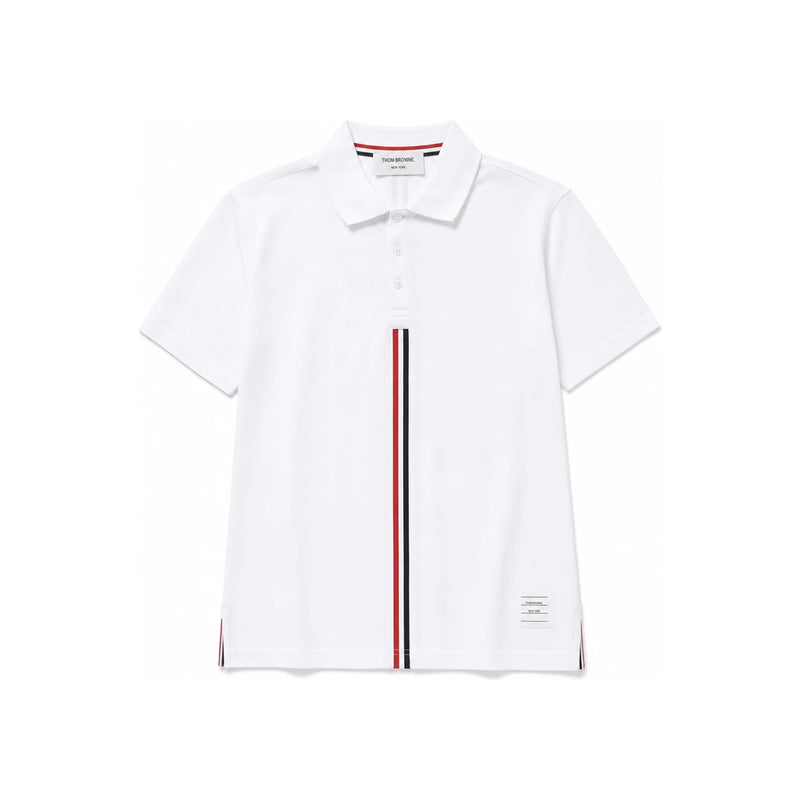 THOM BROWNE White Piqué Polo Shirt with Back Triple Stripe
