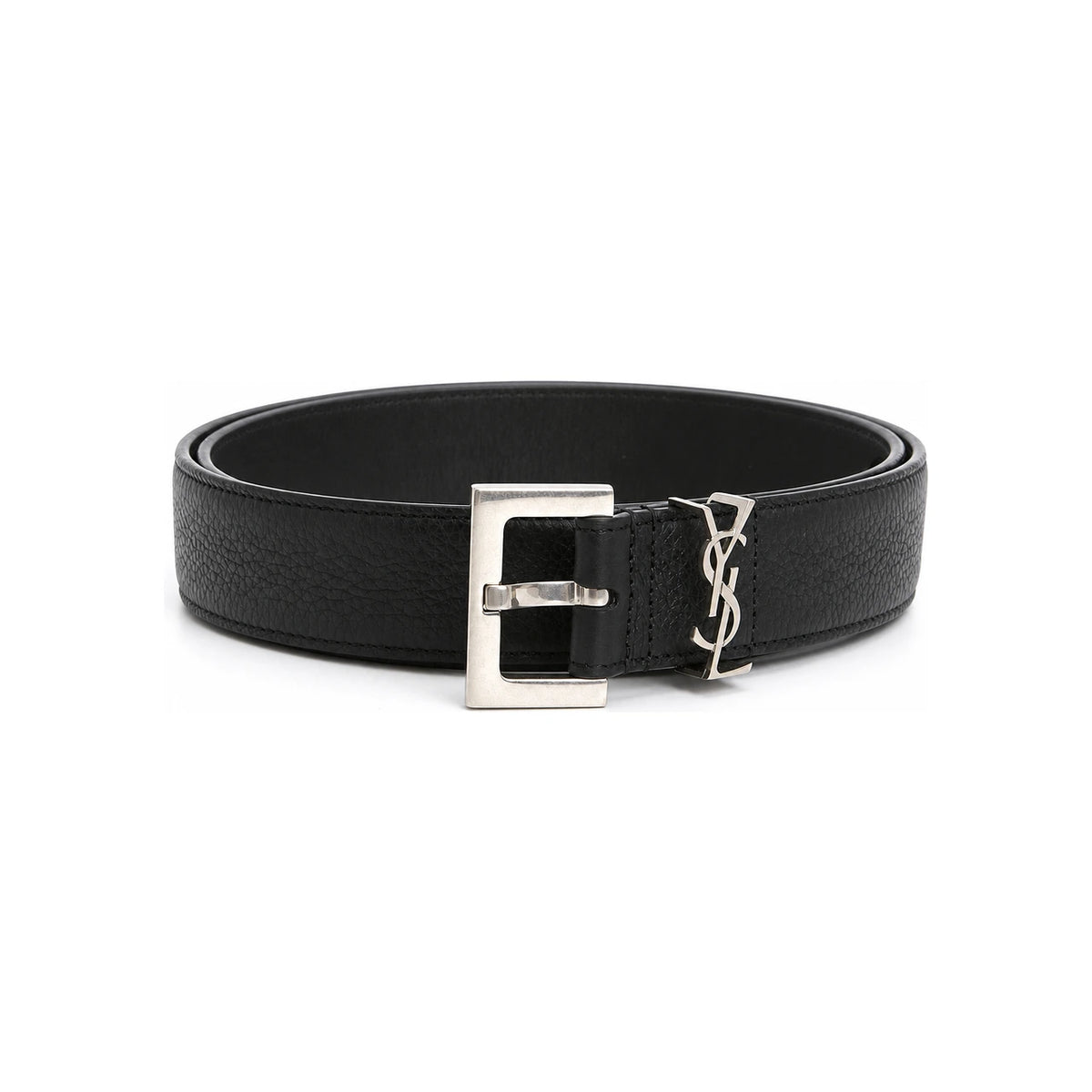 Saint Laurent Silver-Tone Logo Grain Leather Belt Black