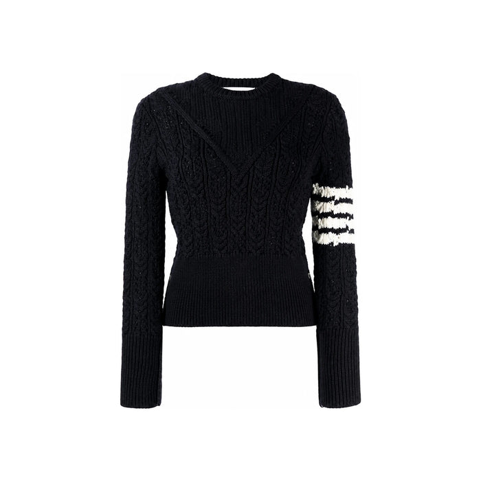 THOM BROWNE Diagonal Stripe Pointelle Knit Crewneck Sweater Navy