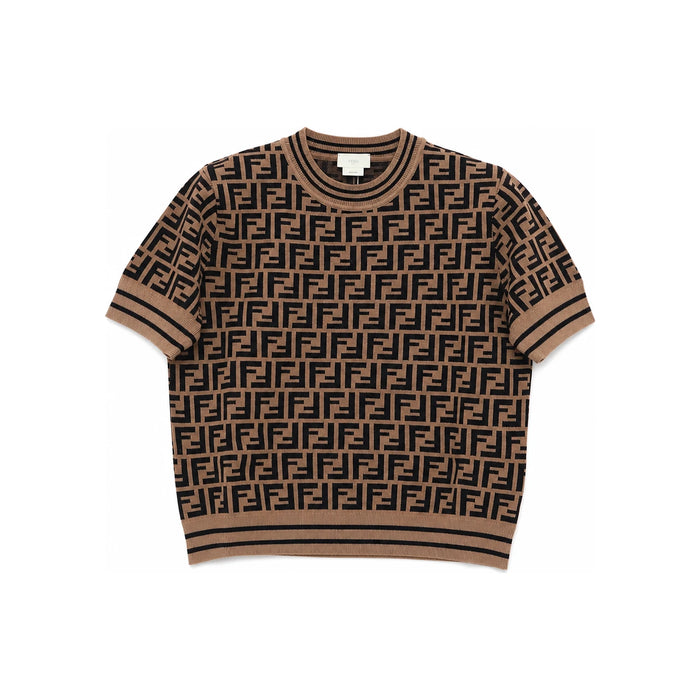 FENDI Brown FF Jacquard Short-Sleeve Knit T-Shirt