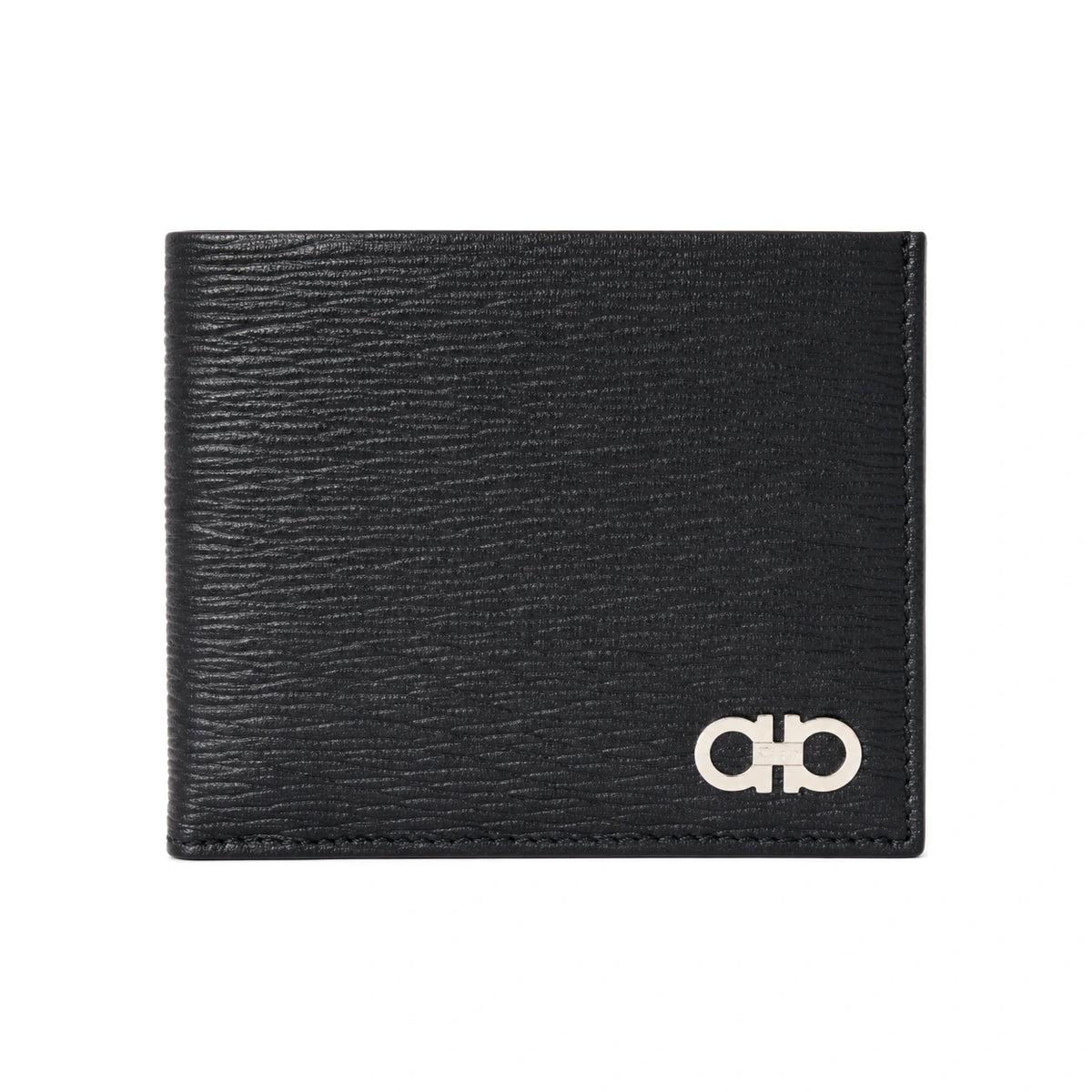 Ferragamo Double Gancini Bifold Wallet Black Silver-Tone Hardware 0685956