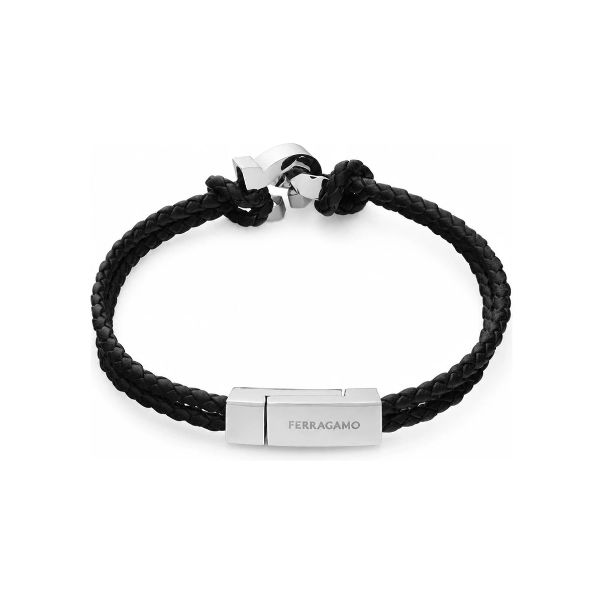 Ferragamo Black Leather Gancini Interwoven Small Men’s Bracelet 77 0360 0776345