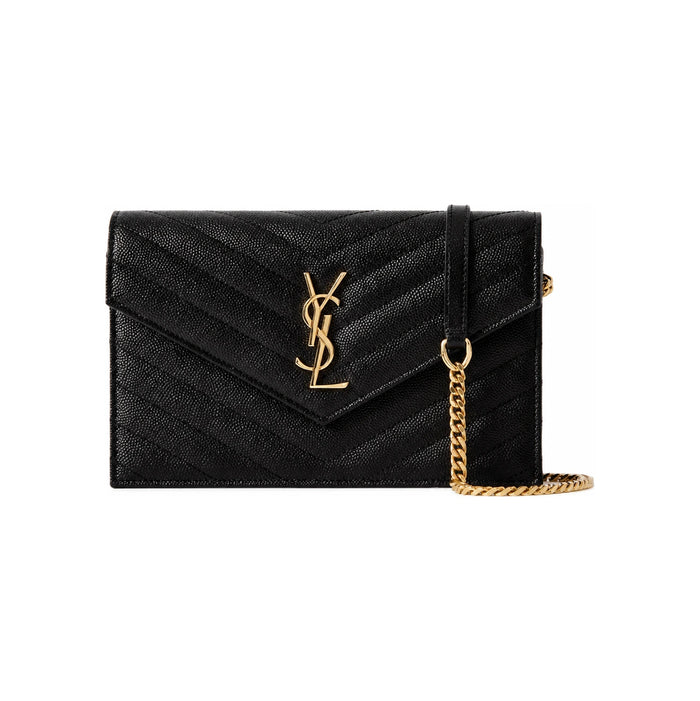 Saint Laurent Envelope Chain Shoulder Bag Gold-Tone Black Leather