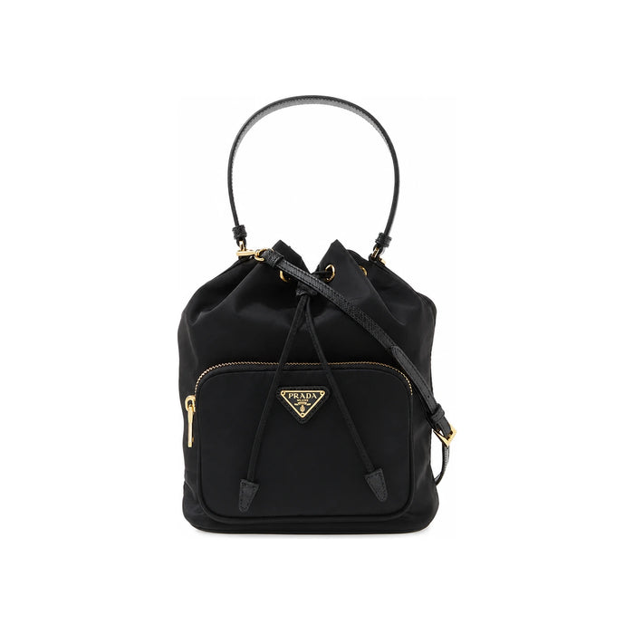 PRADA Black Re-Nylon Gold-Tone Duet Bucket Shoulder Tote Bag
