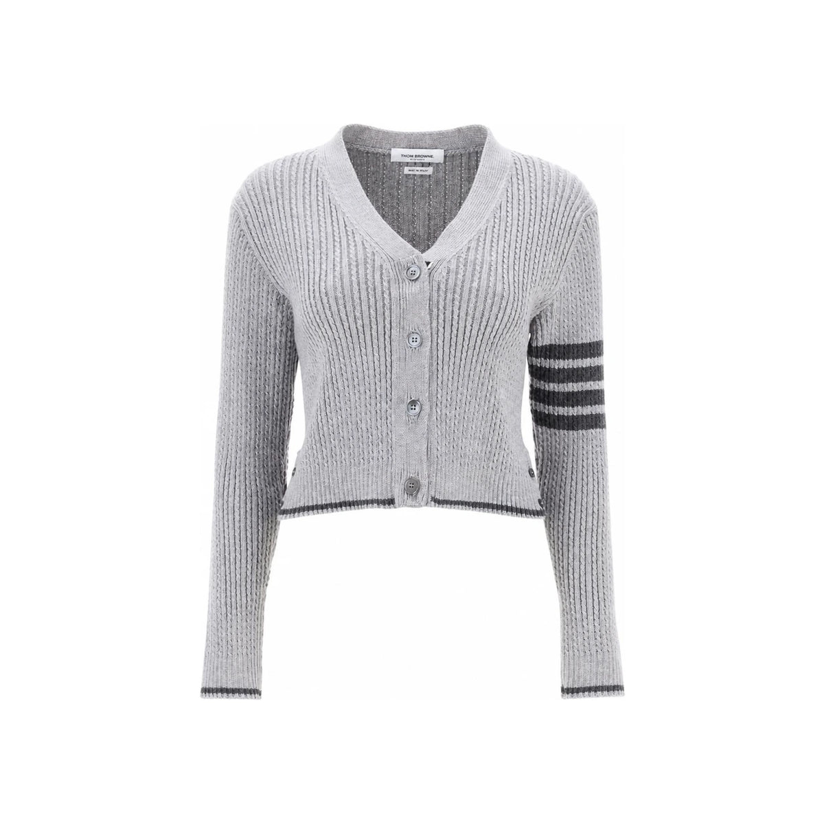 THOM BROWNE 4-Bar Baby Cable Cardigan Gray Wool Knit Women