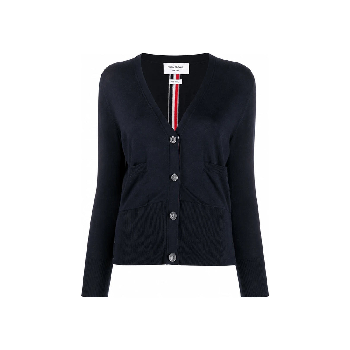 THOM BROWNE Relaxed Fit Cardigan with Back Tricolor Stripe FKC301A 06162 415