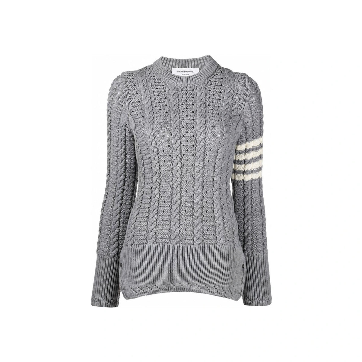 THOM BROWNE Diagonal Armband Wool Crewneck Sweater Light Gray Women