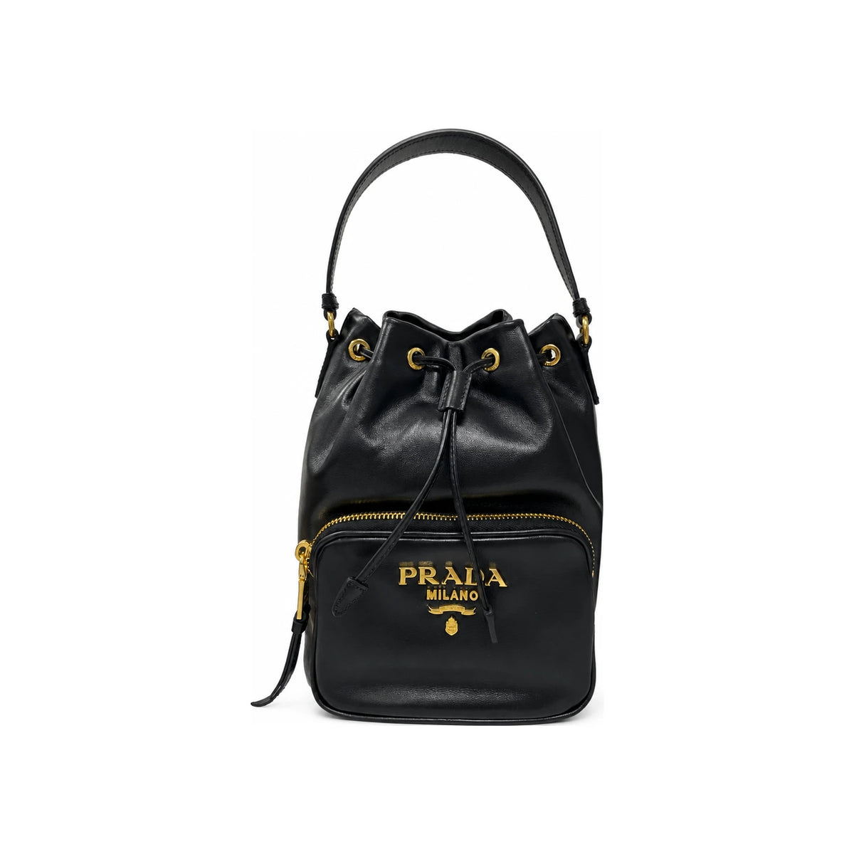 PRADA Black Vitello Leather Bucket Bag with Gold Logo Tote