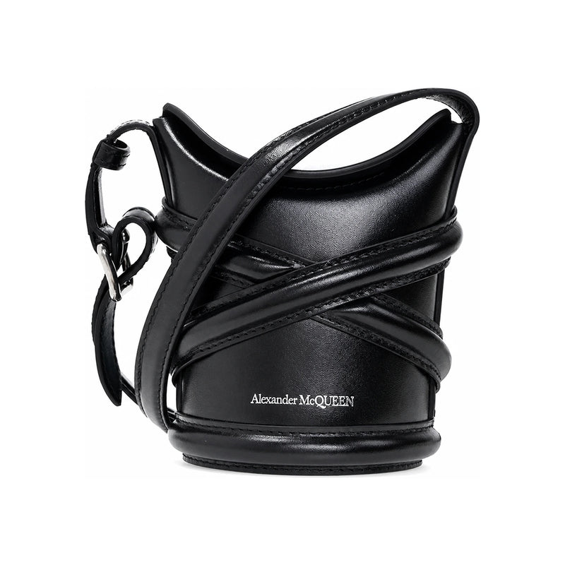 Alexander Mcqueen Logo Curve Micro Bucket Bag Black Leather Crossbody
