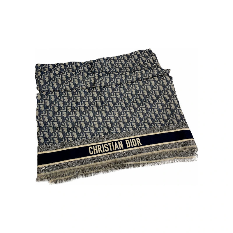 DIOR Oblique Navy Blue Wool Silk Cotton Scarf
