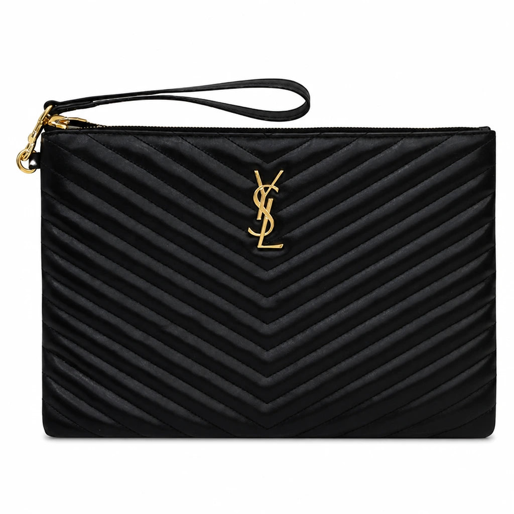 Saint Laurent Cassandra Monogram Gold Matelassé Leather Clutch Black