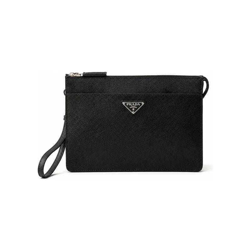 PRADA Saffiano Leather Triangle Logo Men’s Clutch Black