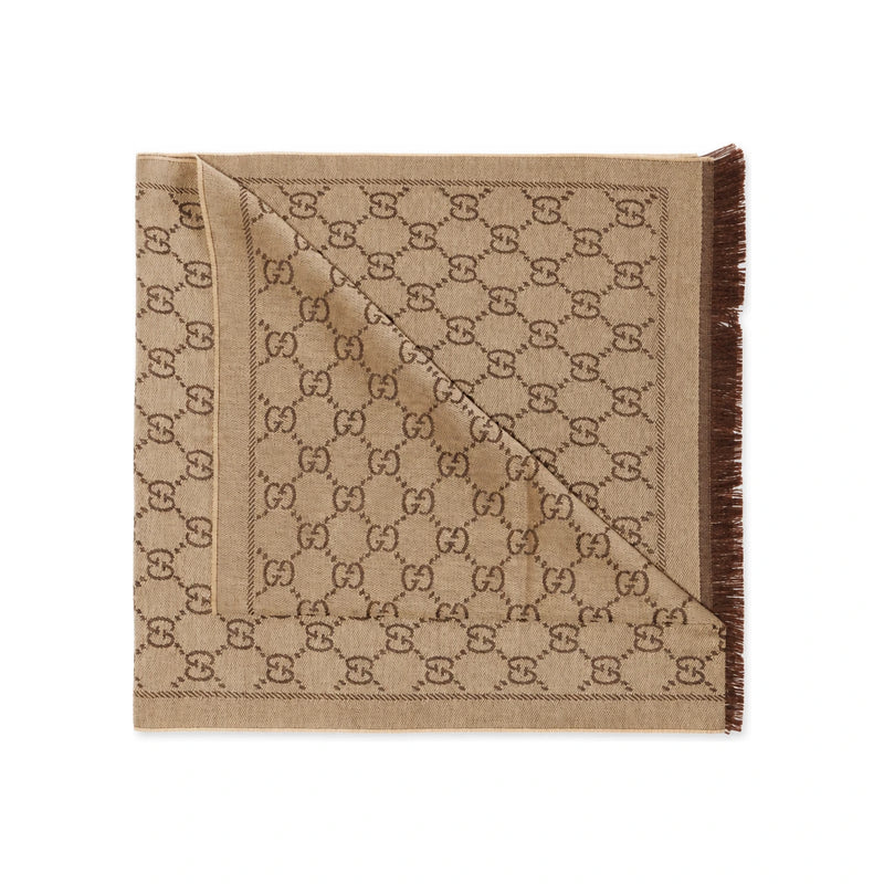 GUCCI GG Jacquard Two-Tone Wool Scarf Beige Brown