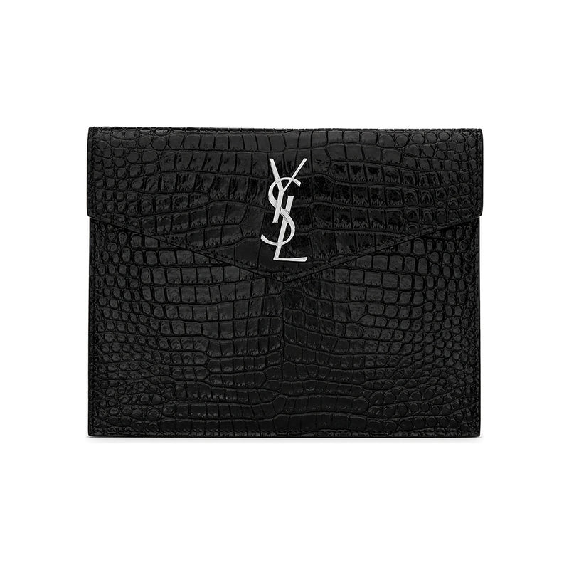 Saint Laurent Crocodile Embossed Uptown Pouch Clutch Black
