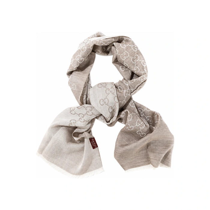 GUCCI Jacquard GG Wool Silk Two-Tone Scarf Beige
