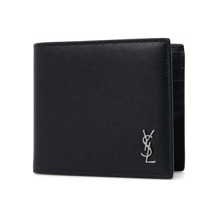 Saint Laurent Tiny Monogram Black Leather Bifold Wallet Silver-Tone