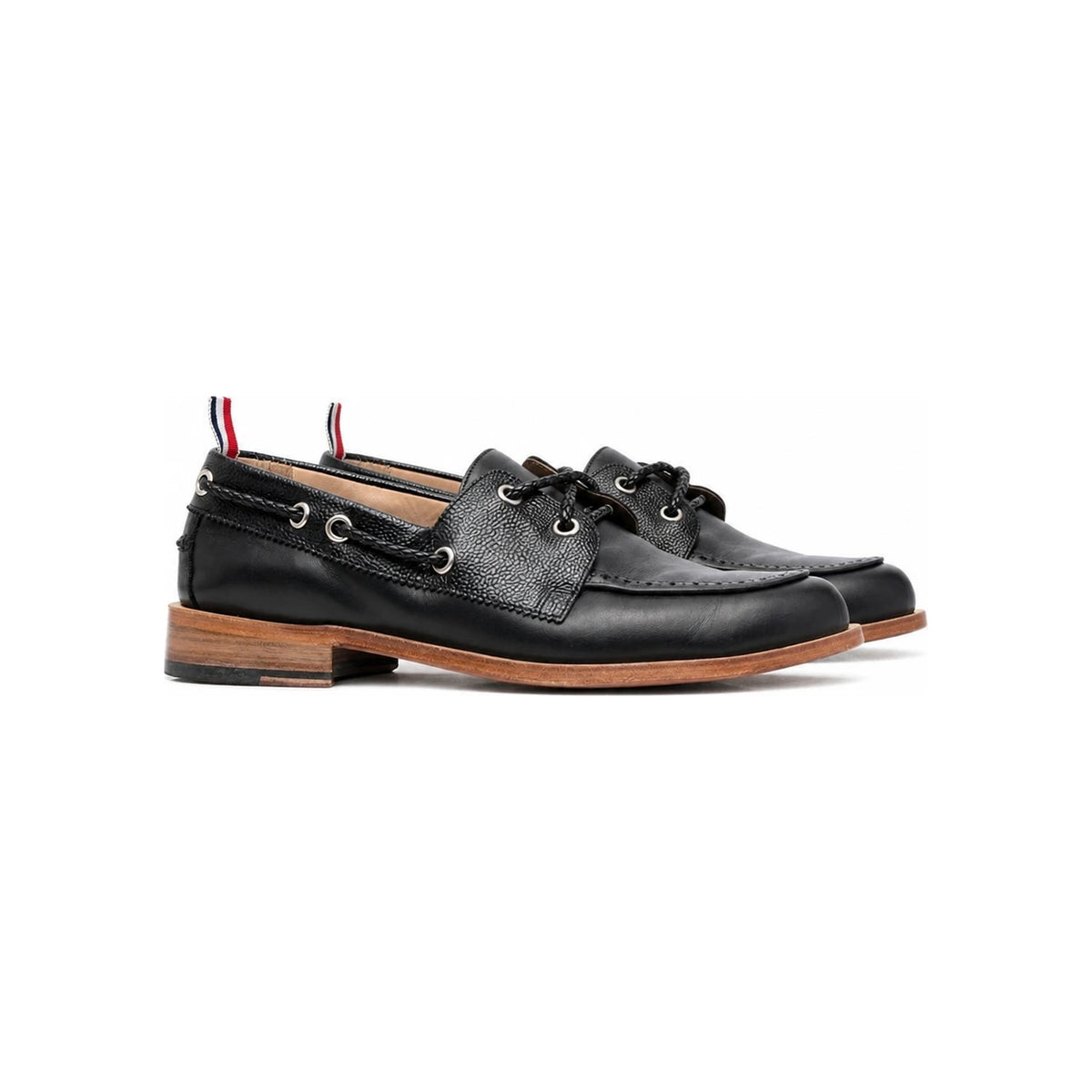 THOM BROWNE Black Vitello Calf Leather Boat Shoes Men's