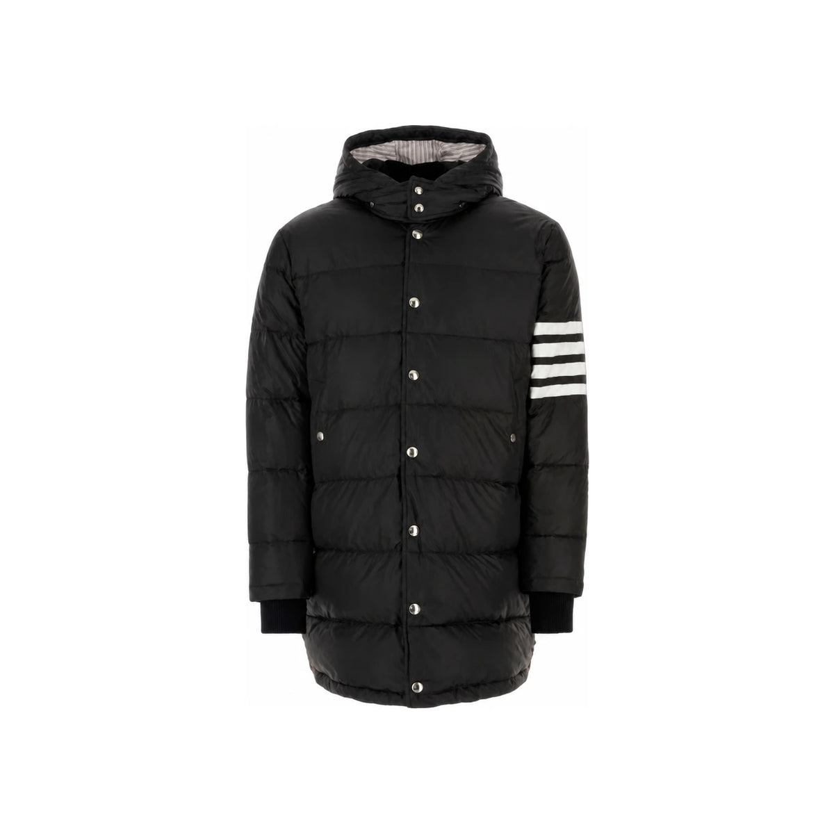 THOM BROWNE Black Down Hooded Long Puffer Coat with Stripes