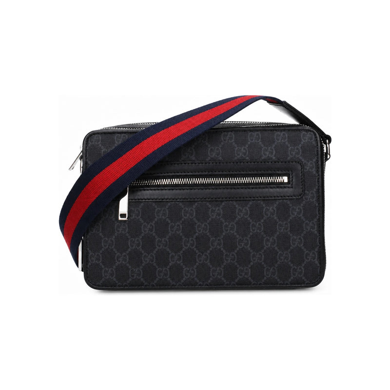 GUCCI GG Supreme Medium Crossbody Bag Black Canvas Leather