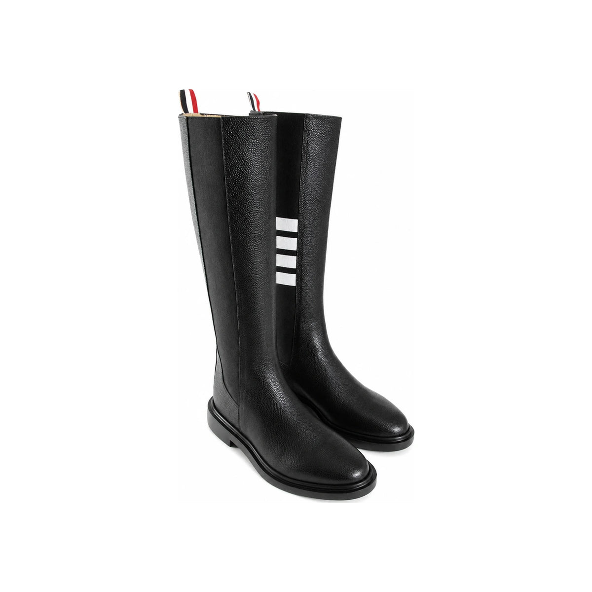 THOM BROWNE Black Pebble Grain Diagonal Stripe Knee-High Chelsea Boots