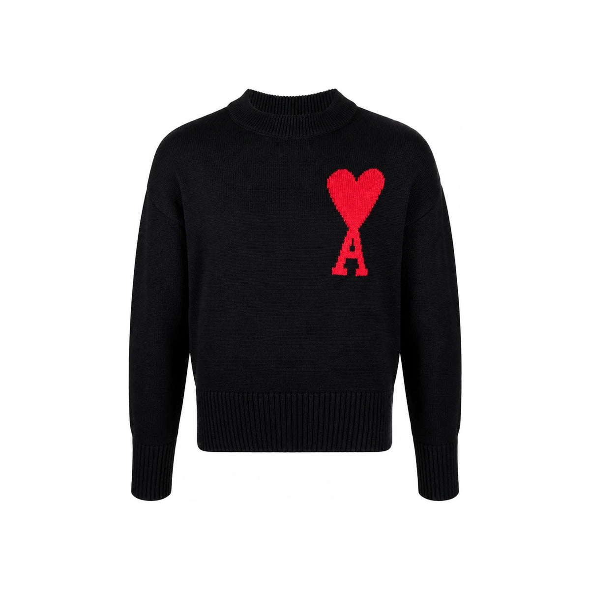AMI Black Big Heart Logo Embroidered Round Neck Knit Sweater